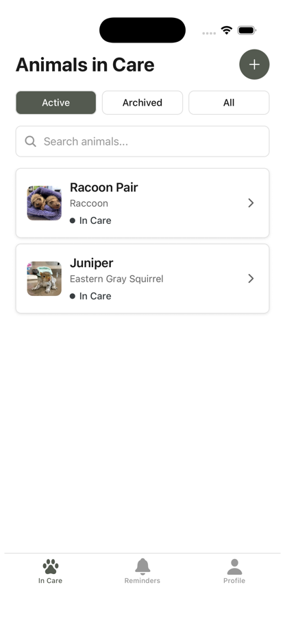 Animals in Care screen showing active animal records