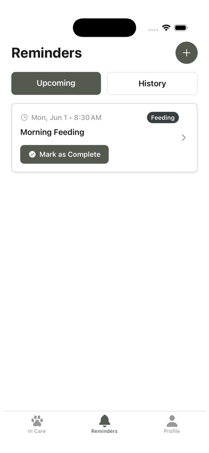 Reminders screen with upcoming feeding tasks